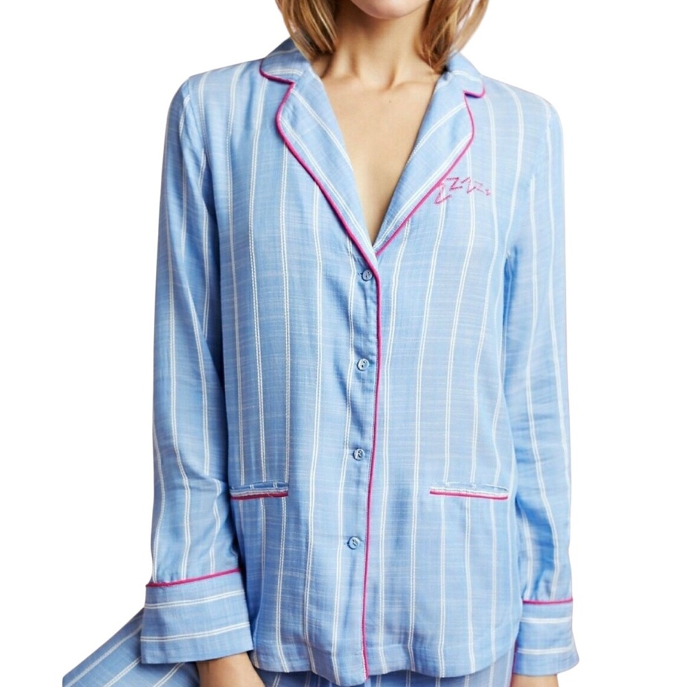 ANTHROPOLOGIE Floreat Sweetly Striped Light Blue Zzz Pajama Sleep Shirt Size XS